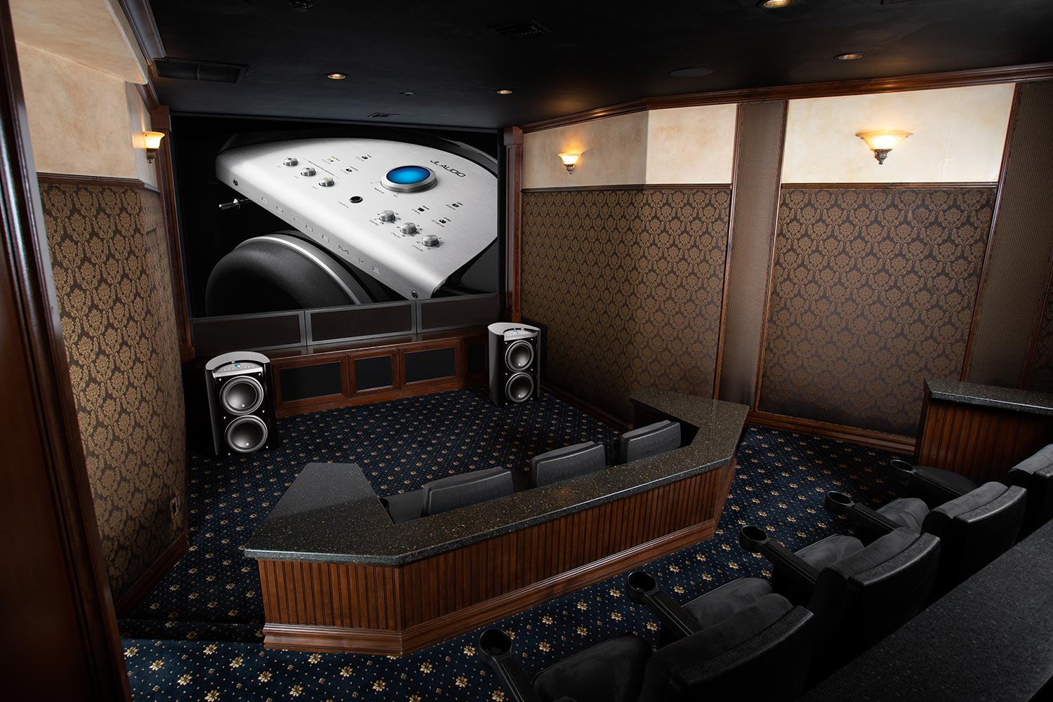A luxury home theater with a bar-style seating area, large projection screen, and elegant wood-paneled walls, blending entertainment with sophistication.