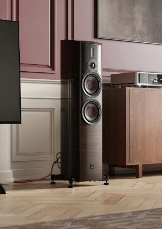 Floorstanding speaker beside a TV in a classic styled room