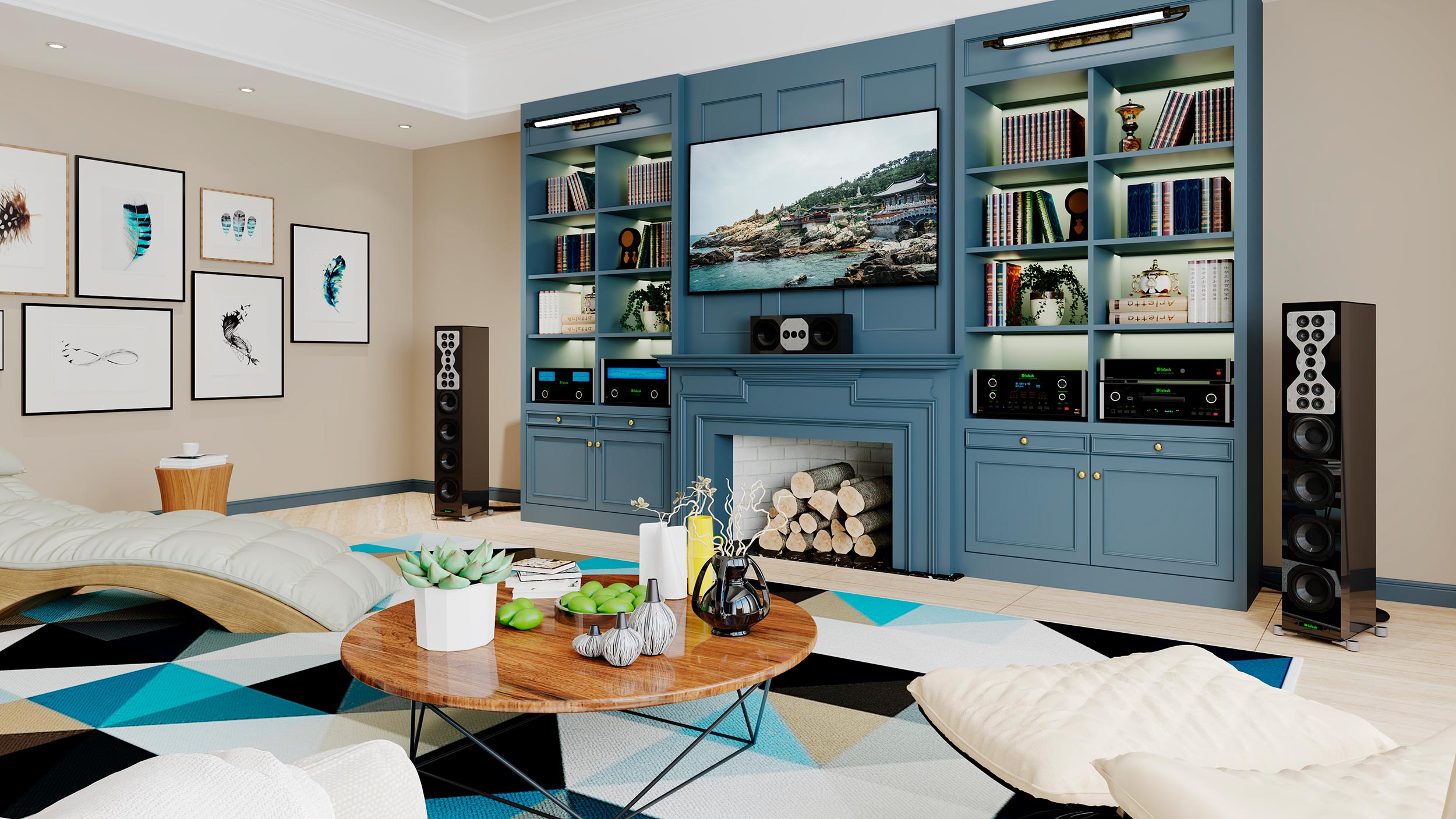 Colorful living room with blue built-in shelves, audio equipment, and large speakers