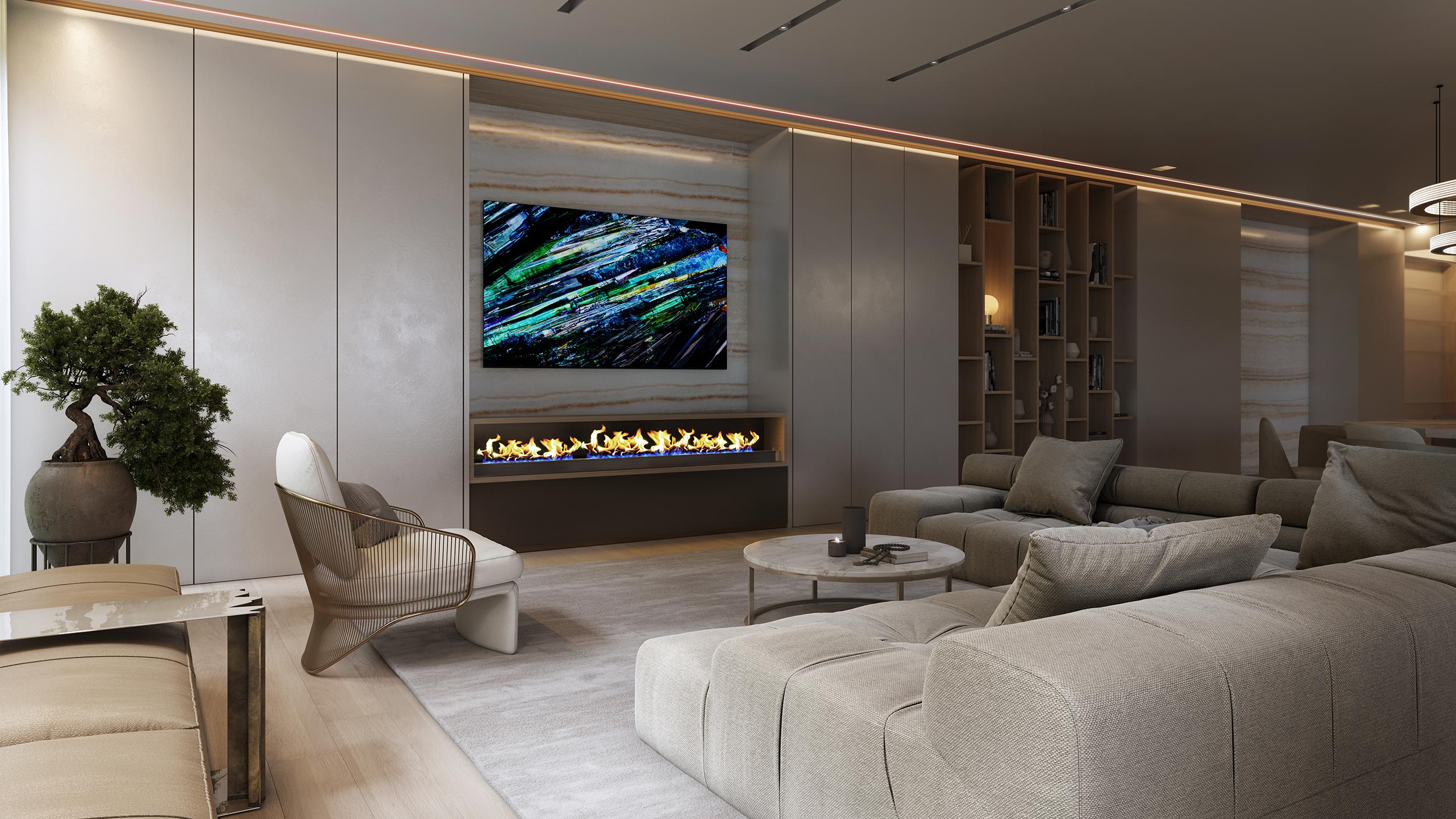 Modern living room with large wall-mounted TV, fireplace, and neutral furnishings